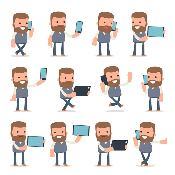 Set of Smart and Funny Character Copywriter holding mobile phone — Stock Vector