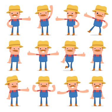 Komik ve Neşeli Karakter Çiftçi seti bir başparmak kadar gösteren