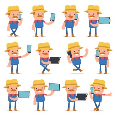 Akıllı ve Komik Karakter Çiftçi cep telefonu tutan set