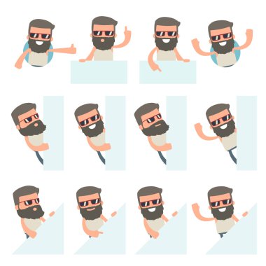 Komik ve Neşeli Karakter Hipster Seti tutar ve etkileşim 
