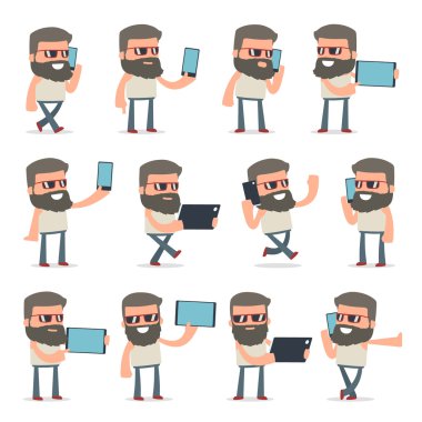 Akıllı ve Komik Karakter Hipster cep telefonu tutan set
