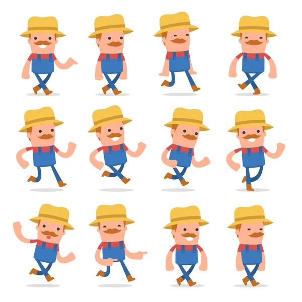 Conjunto de Granjero personaje divertido y alegre va y se ejecuta poses — Vector de stock