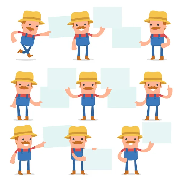 Set of Funny and Cheerful Character Farmer holds and interacts w — Stock Vector