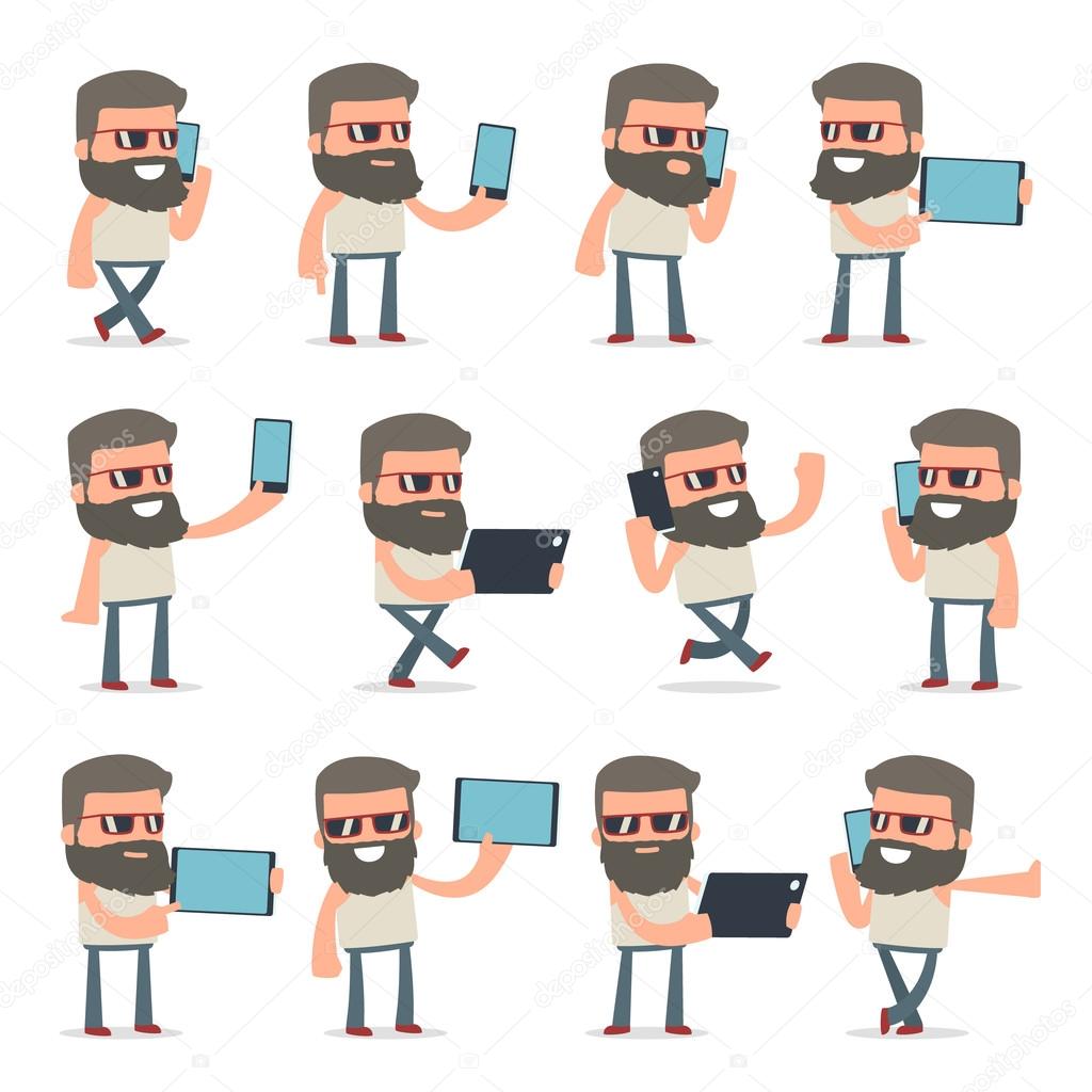 Set of Smart and Funny Character Hipster holding mobile phone
