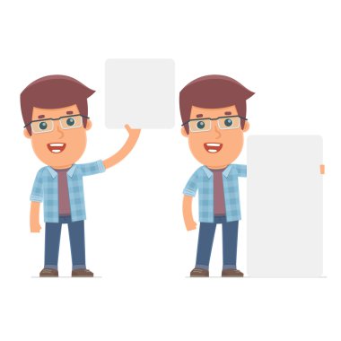 Funny Character Freelancer holds and interacts with blank forms 