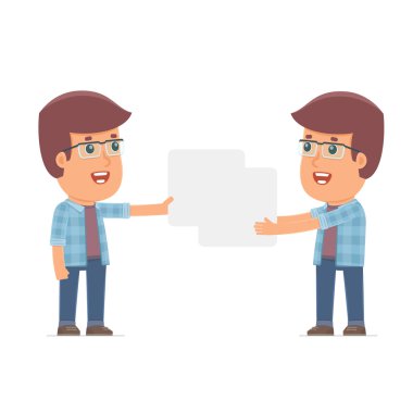 Funny Character Freelancer holds and interacts with blank forms 