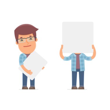 Funny Character Freelancer holds and interacts with blank forms 