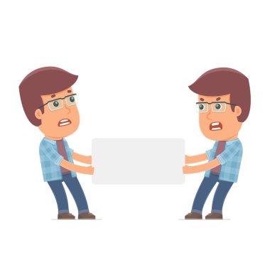 Funny Character Freelancer holds and interacts with blank forms 