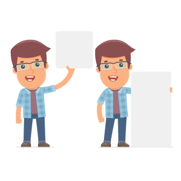 Funny Character Freelancer holds and interacts with blank forms — Stockvector