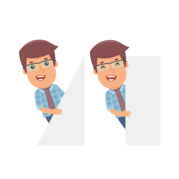 Funny Character Freelancer holds and interacts with blank forms — 图库矢量图片