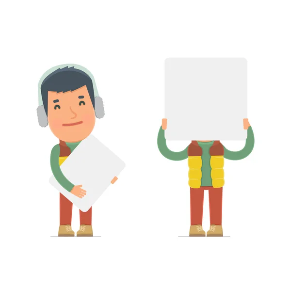 Funny Character Winter Citizen holds and interacts with blank fo — Stockvector