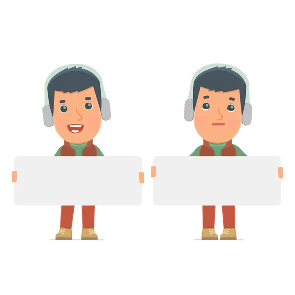 Funny Character Winter Citizen holds and interacts with blank fo — Stockvector