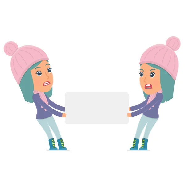Legrační charakter zimní dívka drží a spolupracuje s tiskopisy — Stockový vektor