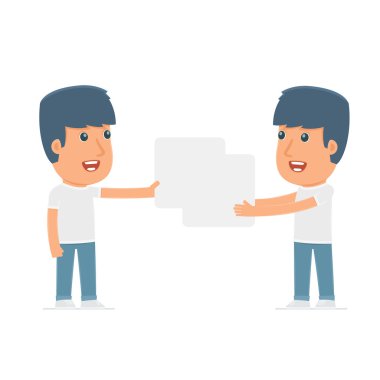 Funny Character Activist holds and interacts with blank forms or