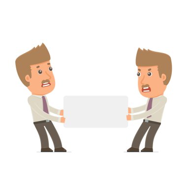 Funny Character Broker holds and interacts with blank forms or o