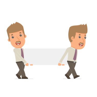Funny Character Broker holds and interacts with blank forms or o