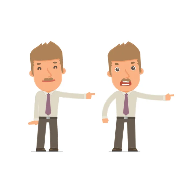 Happy and Angry Character Broker making presentation using his h — Stock Vector