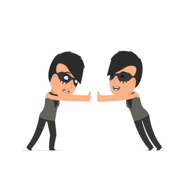 Funny Character Outsider Girl holds and interacts with blank for