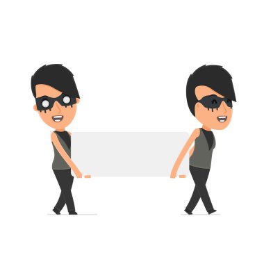 Funny Character Outsider Girl holds and interacts with blank for