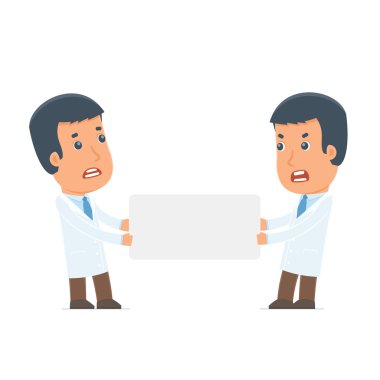 Funny Character Doctor holds and interacts with blank forms or o