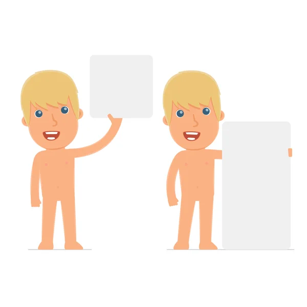 Funny Character Naked Man holds and interacts with blank forms o — 스톡 벡터