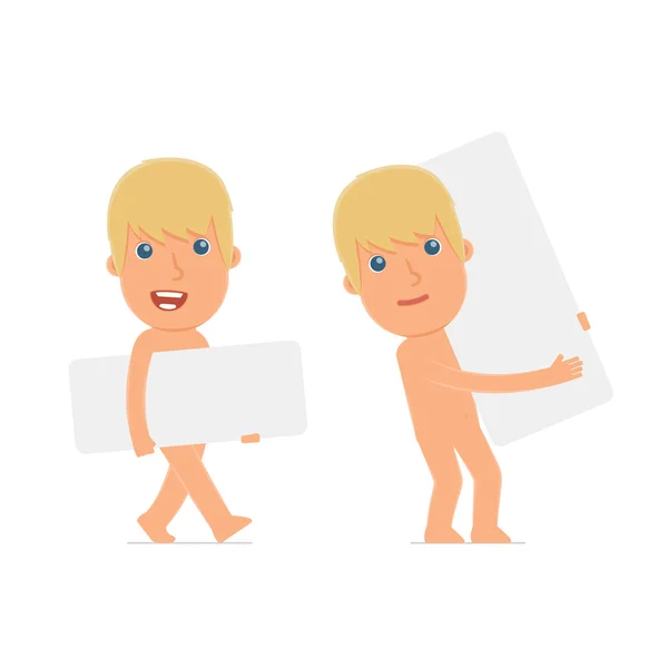 Funny Character Naked Man holds and interacts with blank forms o — 스톡 벡터