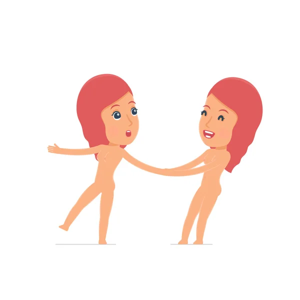 Funny and Cheerful Character Naked Female drags his friend to sh — Stock Vector