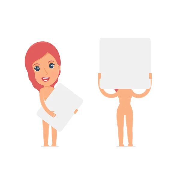 Funny Character Naked Female holds and interacts with blank form — Stock Vector