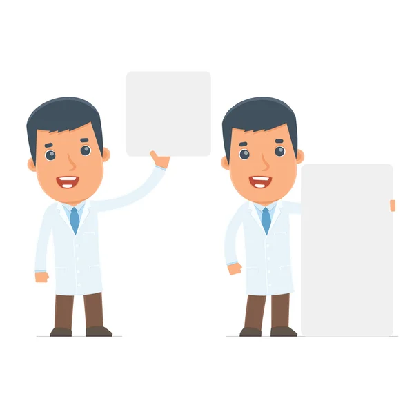 Funny Character Doctor holds and interacts with blank forms or o — Stock Vector