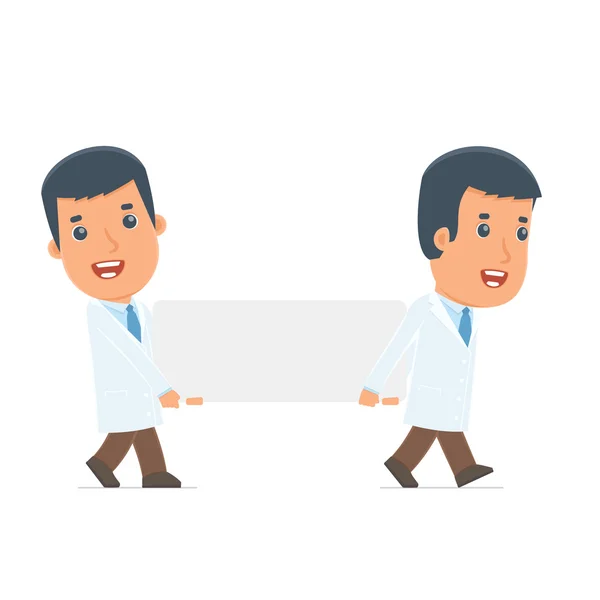 Funny Character Doctor holds and interacts with blank forms or o — Stockvector