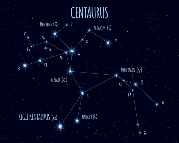 Созвездие Кентавра Векторная Иллюстрация Названиями Основных Звёзд Фоне Звездного Неба — стоковый вектор