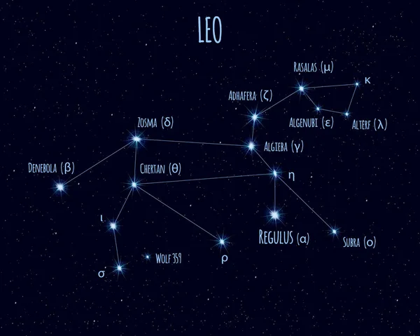 Λέων Λιοντάρι Αστερισμός Διανυσματική Απεικόνιση Ονόματα Των Βασικών Άστρων Ενάντια — Διανυσματικό Αρχείο