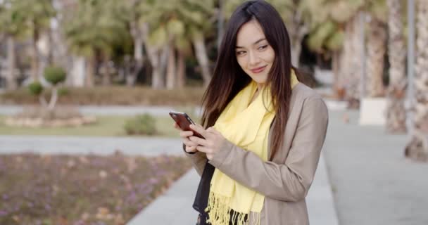 Mujer enviando mensaje de texto por teléfono — Vídeos de Stock