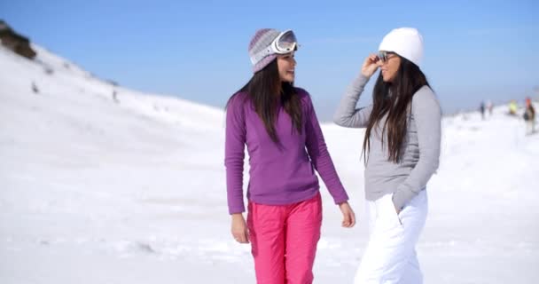 Женщины в чате на горнолыжном курорте — стоковое видео