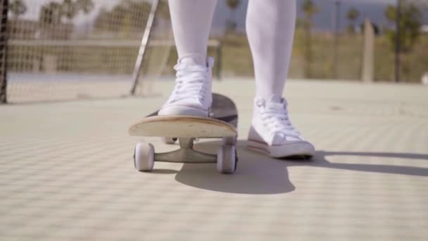 Frauenbeine rollen auf Skateboard — Stockvideo