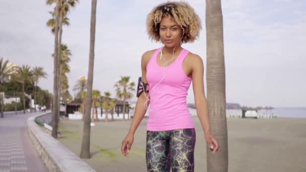 Woman walking on urban promenade — Stock Video