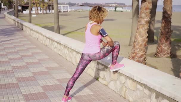 Woman doing stretching before jogging — Stock Video