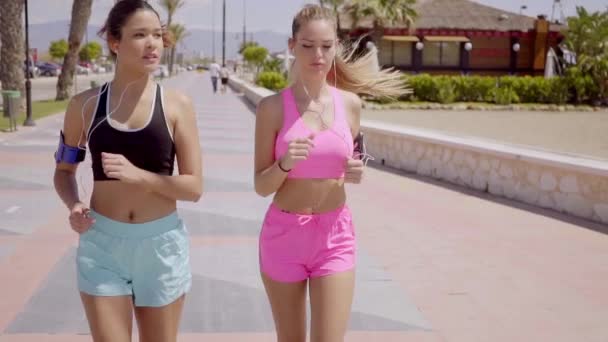 Две красивые женщины бегут вместе — стоковое видео