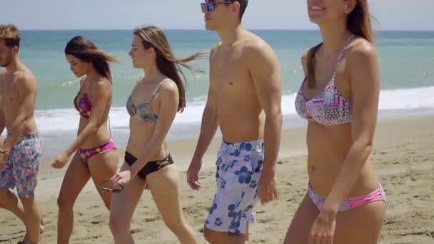 Teenagers walking on beach and having fun — Stock Video