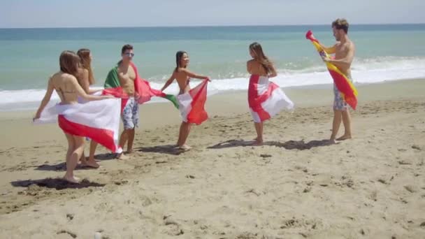 Люди веселятся с флагами стран — стоковое видео
