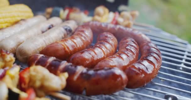 Embutidos y verduras en la barbacoa — Vídeos de Stock