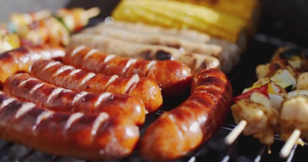 Enchidos e legumes em churrasco — Vídeo de Stock