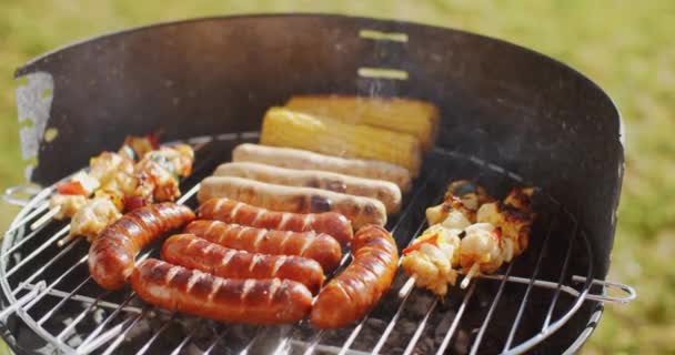 Enchidos e legumes em churrasco — Vídeo de Stock