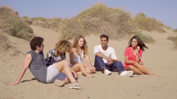 Друзья сидят на песке и разговаривают друг с другом — стоковое видео