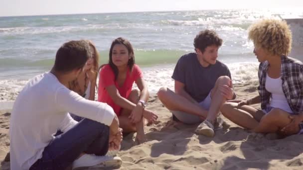 Amigos sentados juntos en la playa — Vídeos de Stock