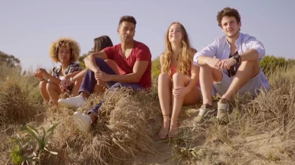 Teenagers sitting on grass and talking — Stock Video