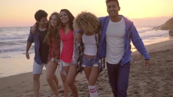 Jovem grupo de pessoas caminhando na praia — Vídeo de Stock