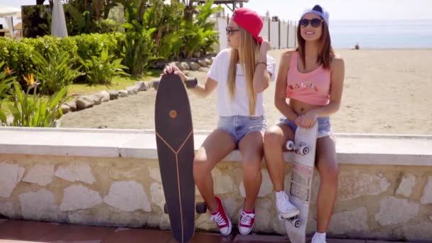 Pretty friends holding skateboards on wall — Stock Video