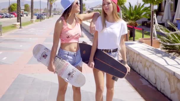 Друзья со скейтбордами прогуливаются по тротуару — стоковое видео