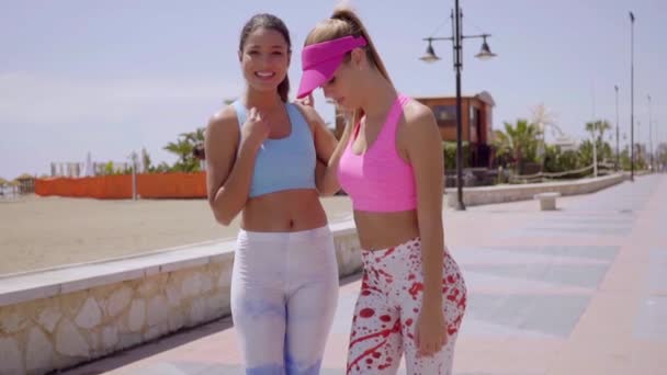 Femmes branchées sur la promenade en bord de mer — Video